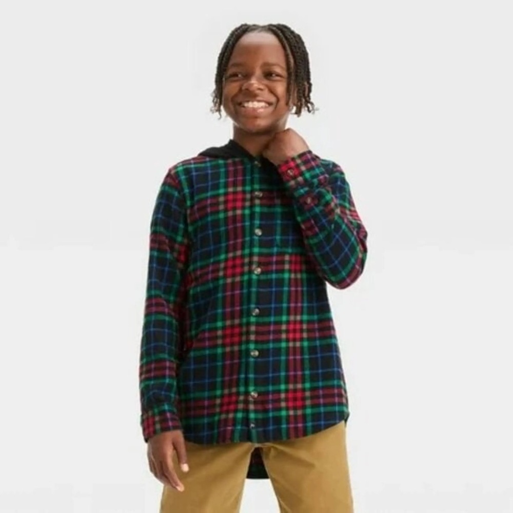 art class - Boys Flannel Plaid Hooded Long Sleeve Button-Down Shirt